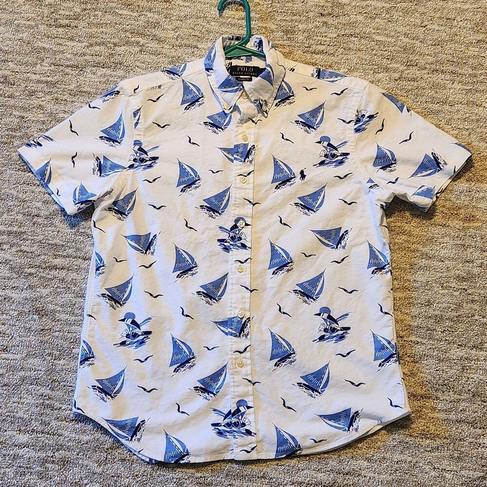 Polo Ralph Lauren Shirt Mens Small Sailboat Polo Bear Sailing Nautical Cotton